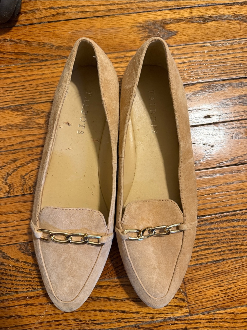 Talbots Suede Pointed-Toe Loafers with Gold Chain Trim - Tan